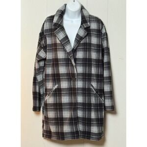 Women's Black Grey Plaid Fleece Coat Notched Lapel Single Button Jacket Size M
